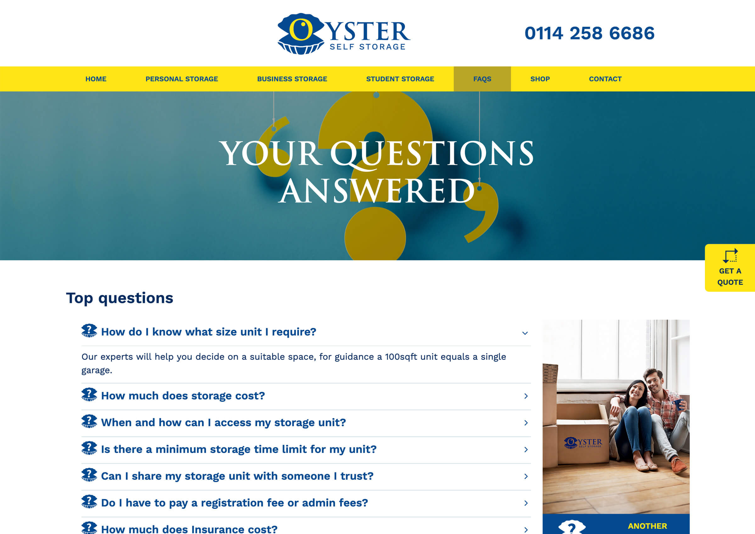 Oyster Self Storage website design for Frequent Asked Questions