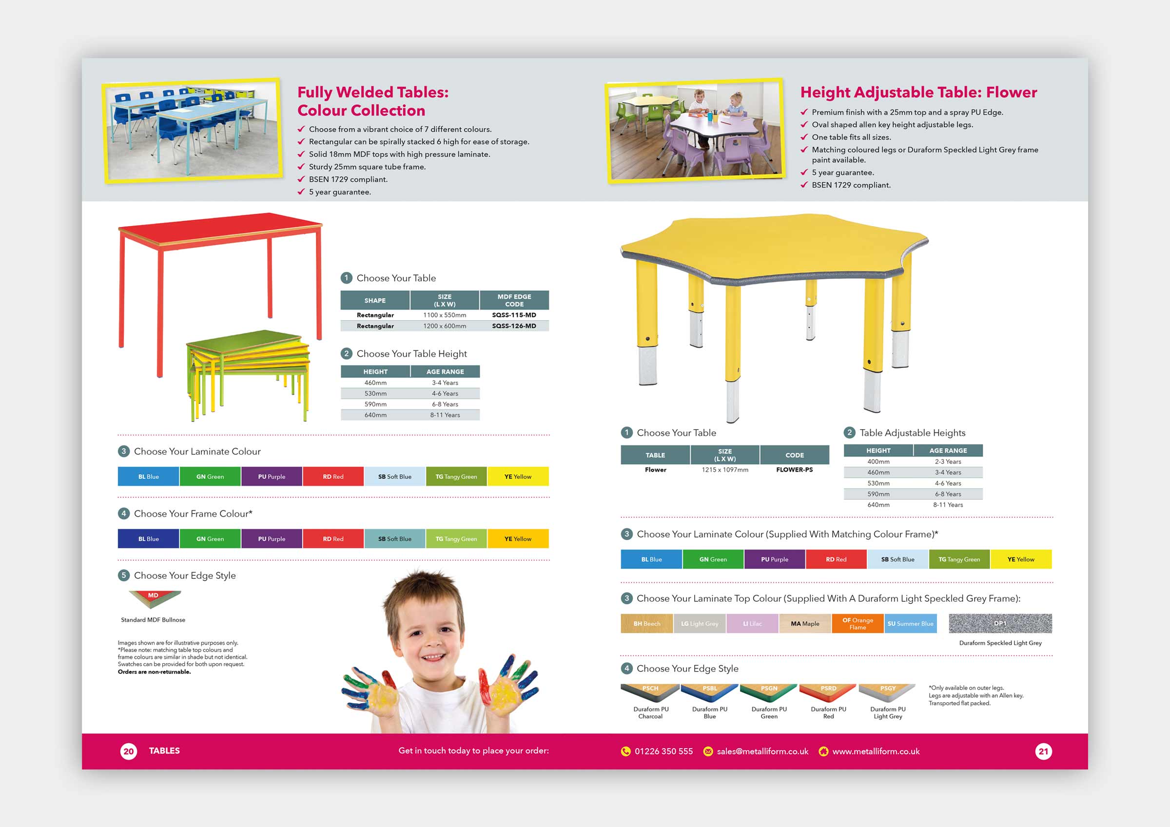 Nursery and primary furniture range brochure tables