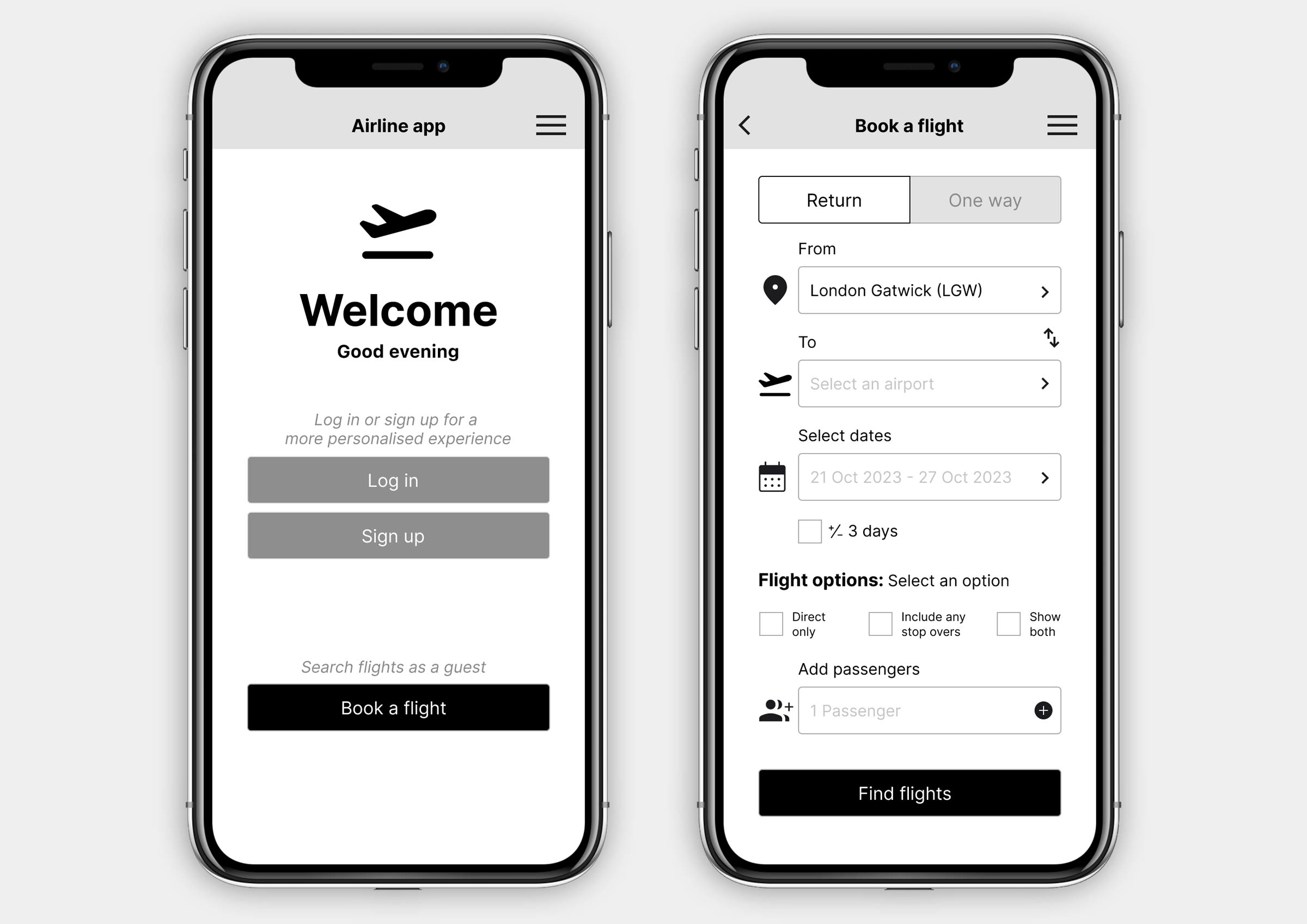 Airline start up app medium fidelity prototype